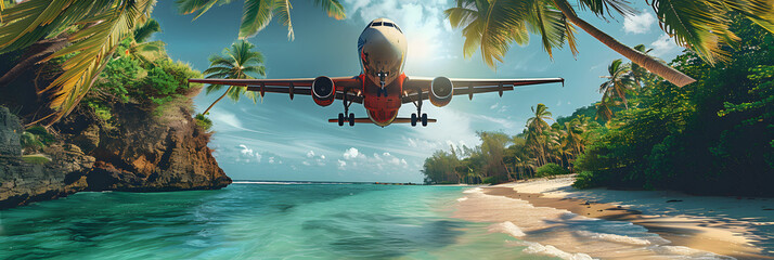 airliner flying low over tropical beach level - Powered by Adobe