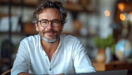 Fototapeta premium A happy businessman sitting at his desk in an office, smiling and looking into the camera with glasses on. He is wearing white shirt Smiling Businessman in Modern Office with Laptop - 4K HD Wallpaper