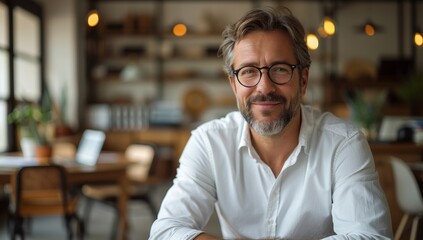 Fototapeta premium A happy businessman sitting at his desk in an office, smiling and looking into the camera with glasses on. He is wearing white shirt Smiling Businessman in Modern Office with Laptop - 4K HD Wallpaper