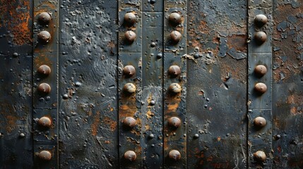 Fototapeta premium The rustic metal background with rivets and a weathered patina offers a robust and textured surface that evokes a sense of industrial history
