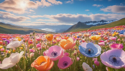 大自然に広がるアイスポピーの花畑