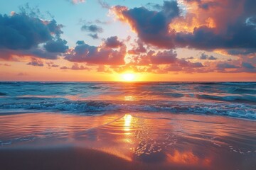 Fototapeta premium A majestic view of the sun setting over the ocean, with orange-lit clouds and gentle waves hitting the shore