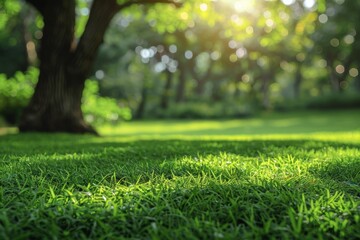 Naklejka premium Soft, verdant grass illuminated by dappled sunlight under the protective branches of a large tree