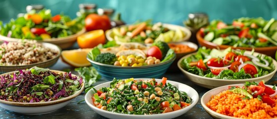 Vegan and glutenfree meal presentation highlighting fresh salads and quinoa dishes, promoting health and wellness, with solid background and copy space on center for advertise