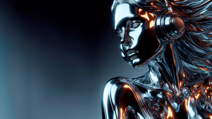 Woman in futuristic chrome style. Shiny metal sculpture of a man in liquid metal style