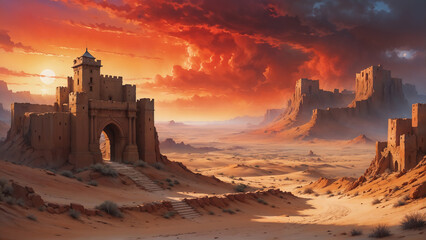 Desert landscape at dusk with red clouds, long forgotten path through ancient old castle fortresses built on sandstone cliff hills and fortified walls in ruin, eroded by the shifting sands of time.