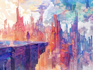 Render futuristic cityscape with enigmatic Mythical Beings from behind, against towering skyscrapers, using daring, unconventional perspectives