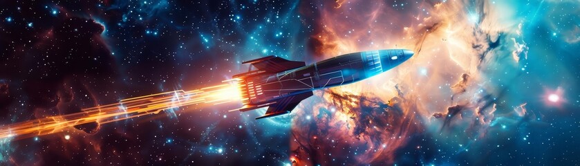 Visualize a dynamic digital spaceship rocketing into the cosmos, highlighted in a futuristic science research banner, sharpen banner template with copy space on center