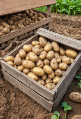 Fresh eco potatoes in an old wooden box. A pile of potatoes lies in a box against the background of a field
