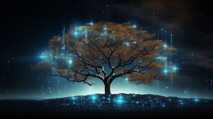 Conceptual image of a luminescent tree at night with branches that visually represent the flow of data through a binary search tree in an AI system.