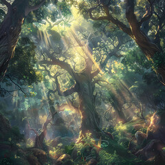 Collection of   of enchanting forest fantasy anime scenes , featuring towering ancient trees, whimsical creatures,