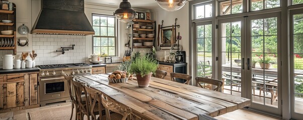 Farmhouse chic kitchen with a reclaimed wood table, antique chairs, and warm, inviting lighting