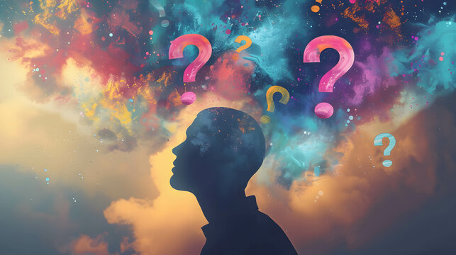 Synergy between questioning thoughts and the achievement of personal and professional goals, a scene of questioning thoughts intertwined with the pursuit of life goals