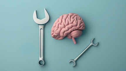 Nurturing, repairing, fixing, and restoring the brain concept, illustration of wrench and brainv
