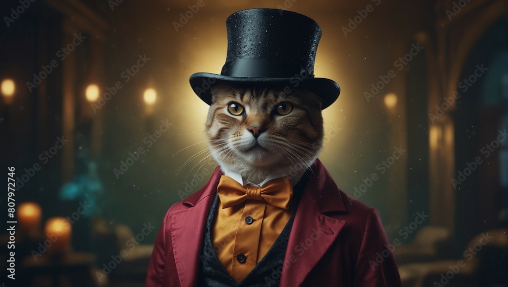 Wall mural Mesmerizing Whiskered Enchanter: Anthropomorphic Cat Dazzles with Top Hat Trick