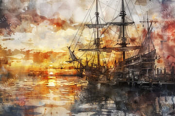 Medieval ship in the harbor at sunset, watercolor style painting