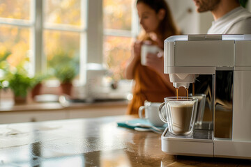 White coffee machine prepares latte coffee, couple hugging in the kitchen, love