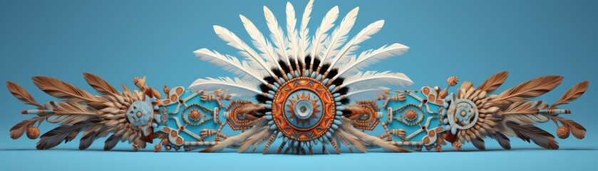 A Native American headdress, featuring intricate feather patterns, set against a sky blue background, embodying the spirit of indigenous cultures.