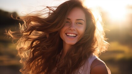 Fototapeta premium portrait of a young woman basking in the golden glow of natural sunlight. 