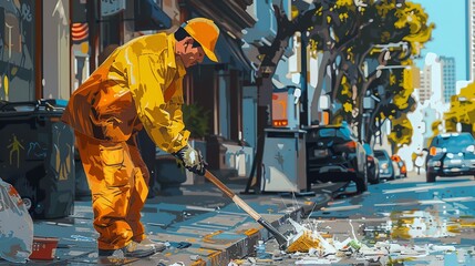 worker using a dustpan and brush to sweep litter from a sidewalk, emphasizing the clear - obrazy, fototapety, plakaty