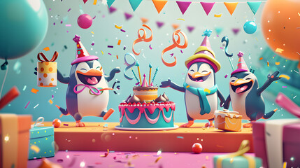 Three cartoon penguins in party hats celebrating a birthday with a colorful cake, gifts, and festive decorations.