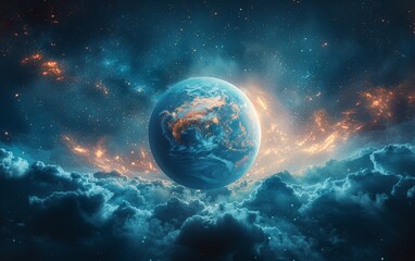 Our home planet Earth is beautifully depicted against a spectacular fiery nebula, surrounded by a dance of stars and cosmic dust