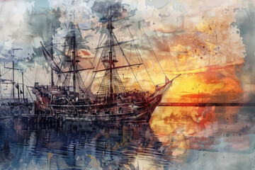 Medieval ship in the harbor at sunset, watercolor style painting