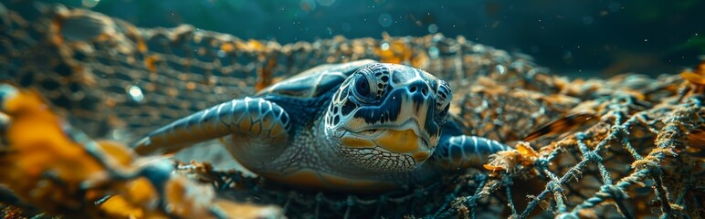 Fototapeta premium Turtles trapped in fishing nets due to ocean pollution, in sea water under the sea, World Environment Day, environmental protection theme，Struggling Sea Turtle Caught in Fishing Net - 4K HD Wallpaper 