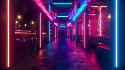Naklejka premium Neon lights illuminate a dark club with a futuristic atmosphere and retro vibes. Concept Neon Lights, Dark Club, Futuristic Atmosphere, Retro Vibes
