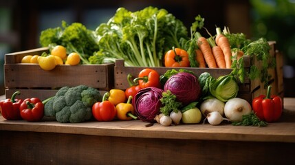 fresh fruits and vegetables, arranged in a rustic wooden crate, 