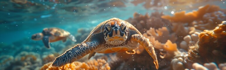 Fototapeta premium Turtles trapped in fishing nets due to ocean pollution, in sea water under the sea, World Environment Day, environmental protection theme，Struggling Sea Turtle Caught in Fishing Net - 4K HD Wallpaper 