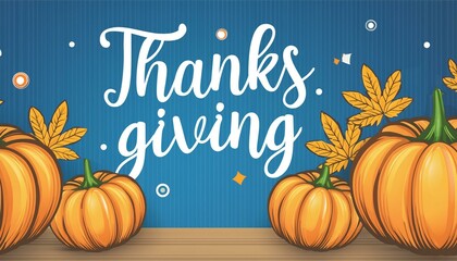 Grateful Gatherings: Thanksgiving Message Adorned with Pumpkins on a Serene Blue Background