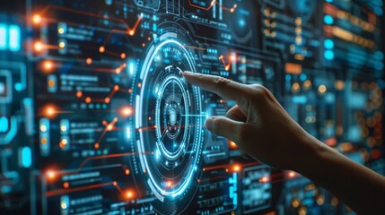 A person's finger is touching a futuristic screen, AI