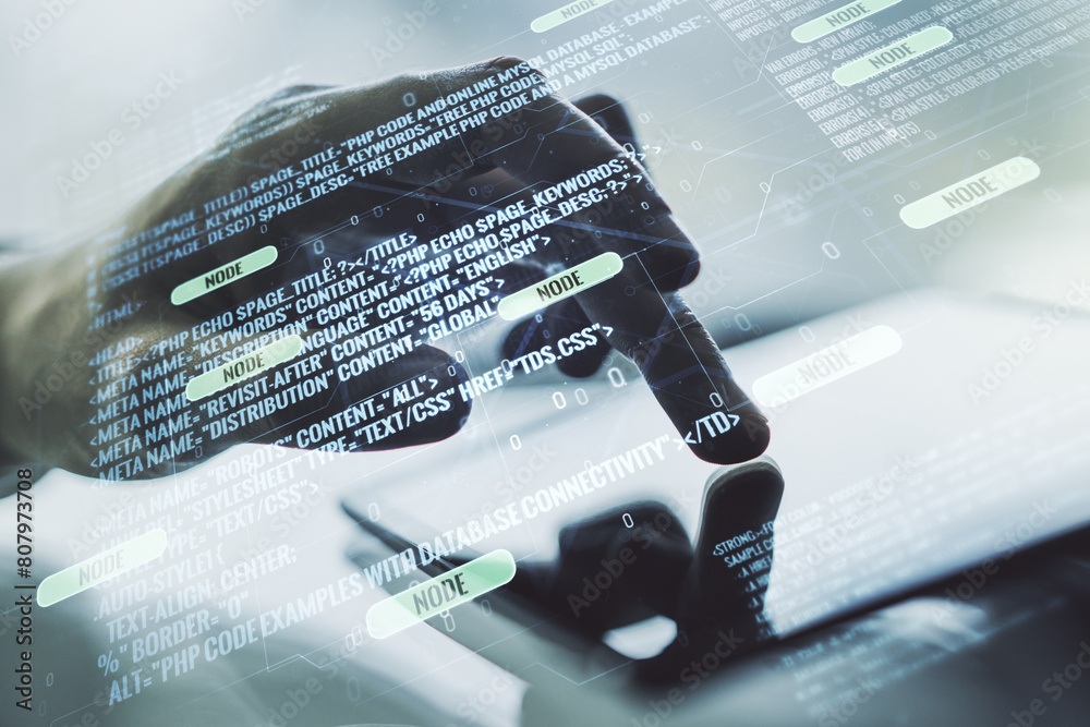 Poster Multi exposure of abstract software development hologram and finger presses on a digital tablet on background, research and analytics concept