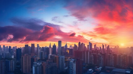  sunset over a bustling cityscape, 