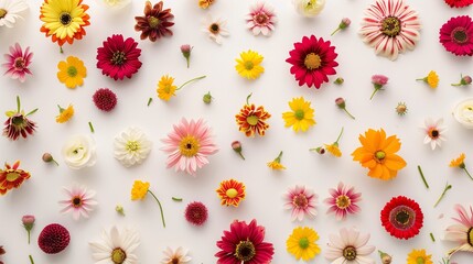 Top view of colorful flowers scattered on a white background