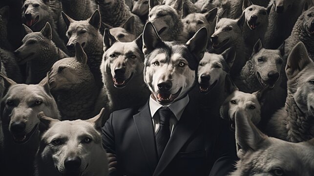 A dramatic representation of leadership in a highstakes environment featuring a wolf in a suit among a crowd of unsuspecting sheep illustrating bold business maneuvers.