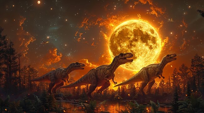 A vivid portrayal of predatory dinosaurs in a Triassic forest with a massive fiery moon backdrop