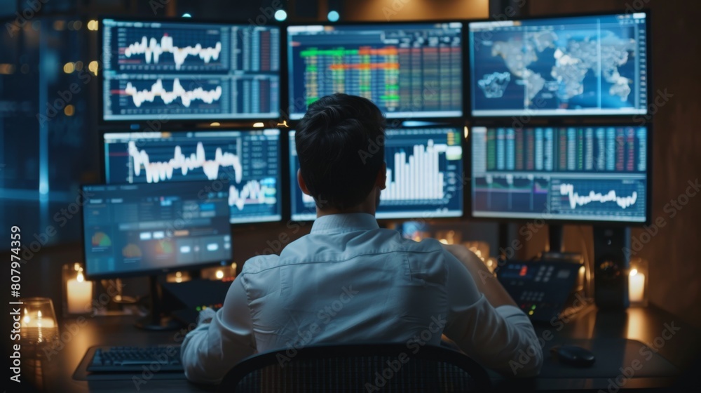 Leinwandbilder a businessman monitoring stock market data on multiple computer screens, financial monitoring