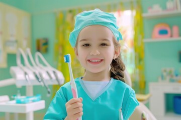 Happy child in scrubs holding toothbrush and smiling at camera in pediatric dental office