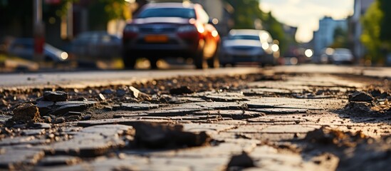 Damaged asphalt pavement road with potholes in city