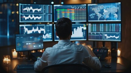 A businessman monitoring stock market data on multiple computer screens, financial monitoring