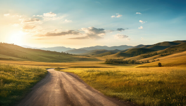 A dirt road winds through a grassy field at sunset leads to a mountain range in the distance with blue sky and clouds.