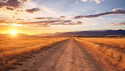 A dirt road stretches off into a golden field with a mountain range in the distance. The sun is setting, casting a warm glow over the scene.