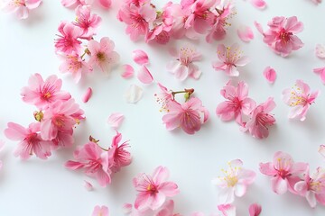 Pink cherry blossoms scattered on a white background