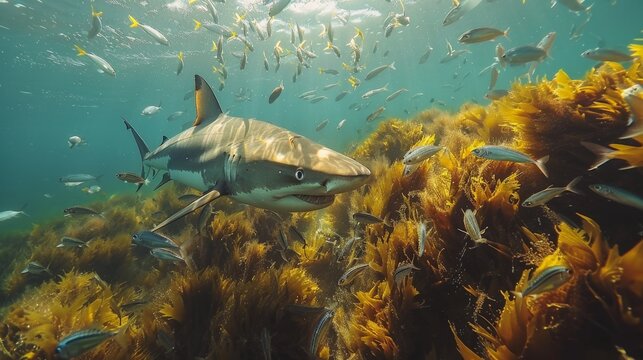 Sharks prey on a school of sardines in the open sea, World Environment Day, environmental protection theme, ecological environment, biodiversity, ecological balance, survival of the fittest
