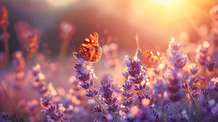 Two colorful butterflies perch delicately on lavender flowers, bathed in the warm glow of a sunset.