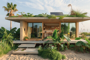 A small house by the tropic beach with lots of green, plants and frogs and sun panel