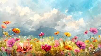 Fototapeta premium A breathtaking digital painting of a vibrant field filled with colorful wildflowers under a bright, sunny sky with fluffy clouds.