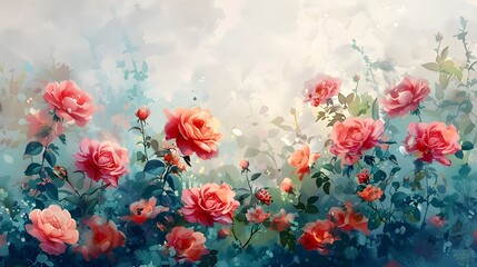 Delicate digital painting of a lush garden filled with blooming roses in soft pastel tones, capturing a serene and dreamy atmosphere.
